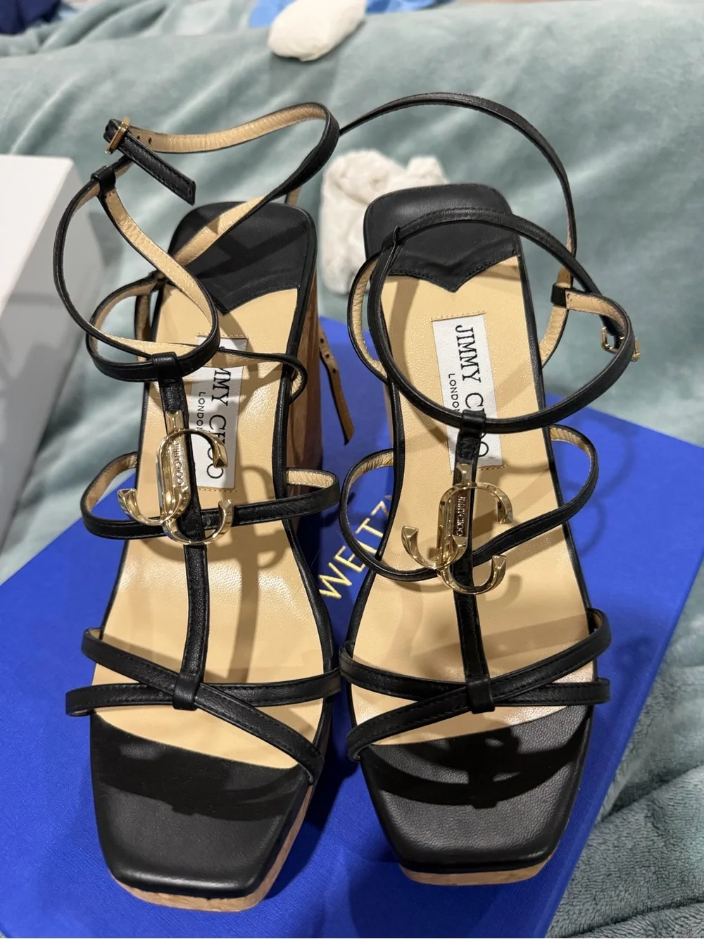 Jimmy Choo Black Leather Strappy Cork Wedge Sandals with Gold Logo
